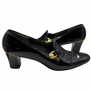 Vintage 60s Red Cross Black Patent Loafer Heels Gold Accent Block Pumps Retro 9